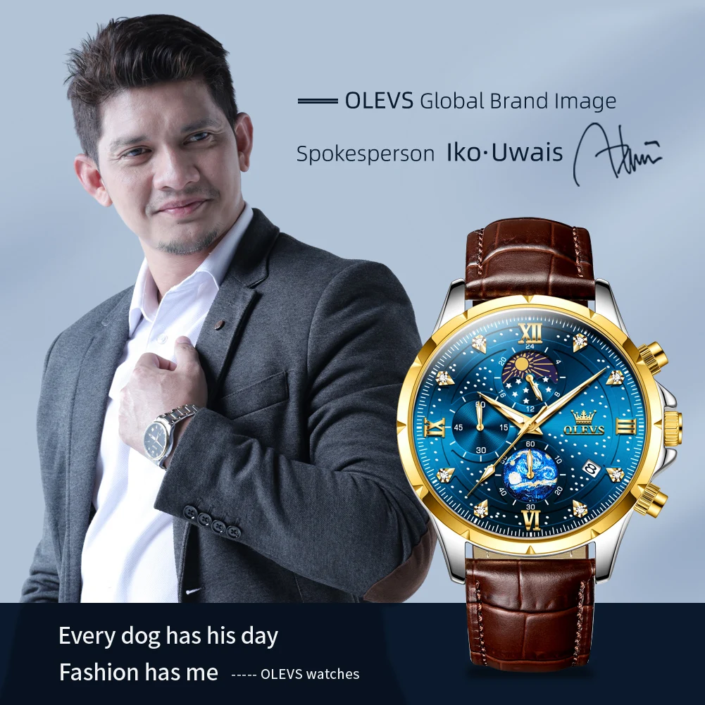 OLVES Leather Men watch Moon Phase Waterpoof Luminous Luxury Business Chronograph Quartz Wrist Watch for Men