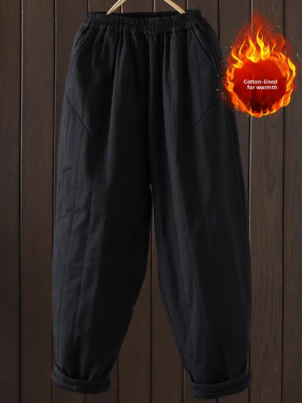عادية فضفاض القطن هارلان السراويل Thiened مرونة الخصر حجم كبير المرأة شتاء جديد Sle الفني لون نقي سراويل قطنية #4