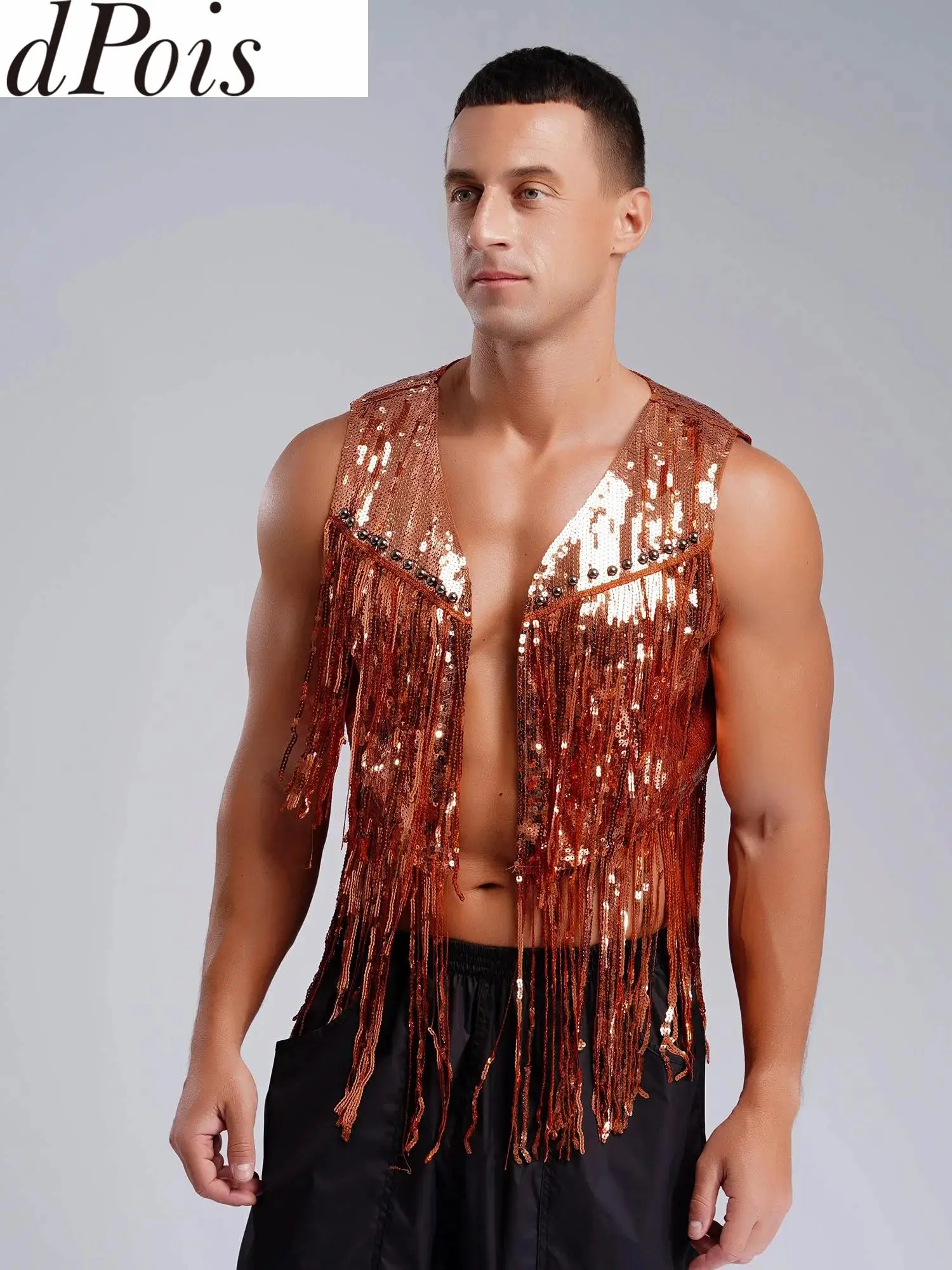 

Mens Sparkly Sequin Cowboy Waistcoat Tassel Rivets Vest Western Cowboy Hippie Costume Cardigan 70s Disco Club Party Rave Outfits