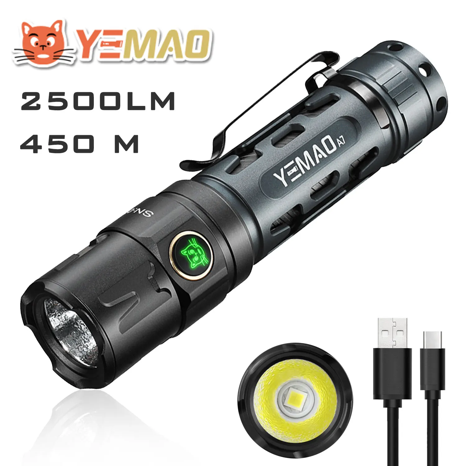 

YEMAO New upgrade A7 Tactical Flashlight 2200 Lumens LED Flashlight Rechargeable Dual Switch Torch 21700 Battery Powerful Light