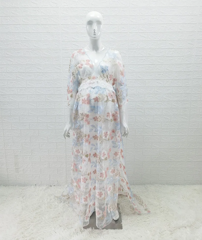 See Through Lace Boho Maternity Photography Long Dress Embroidery Bohemian Sexy Tull Pregnancy Photo Shoot Dresses