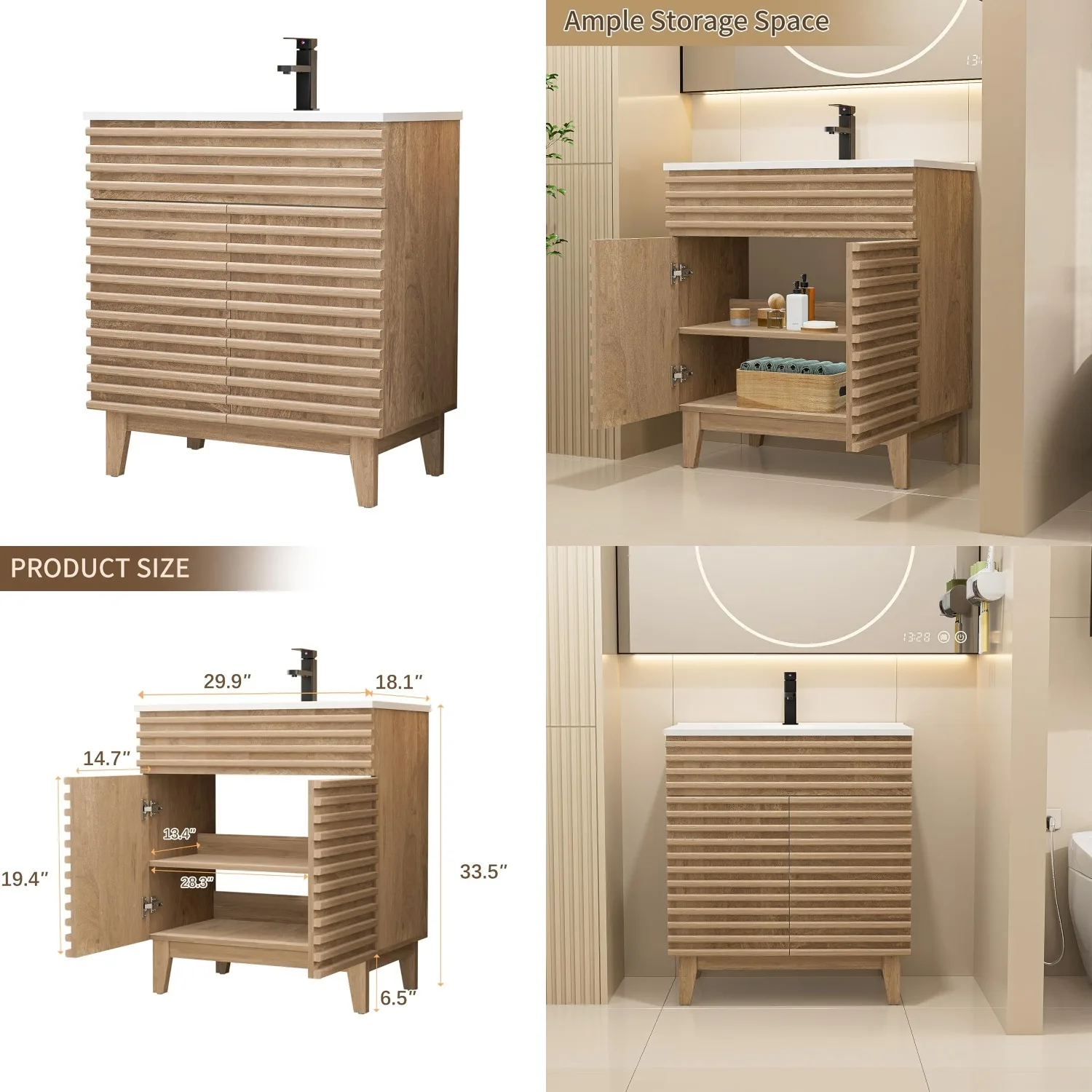

30in Bathroom Vanity Combo Mid-Century Storage Wood Stripes Large Sink Water Saving Faucet Walnut, Customized
