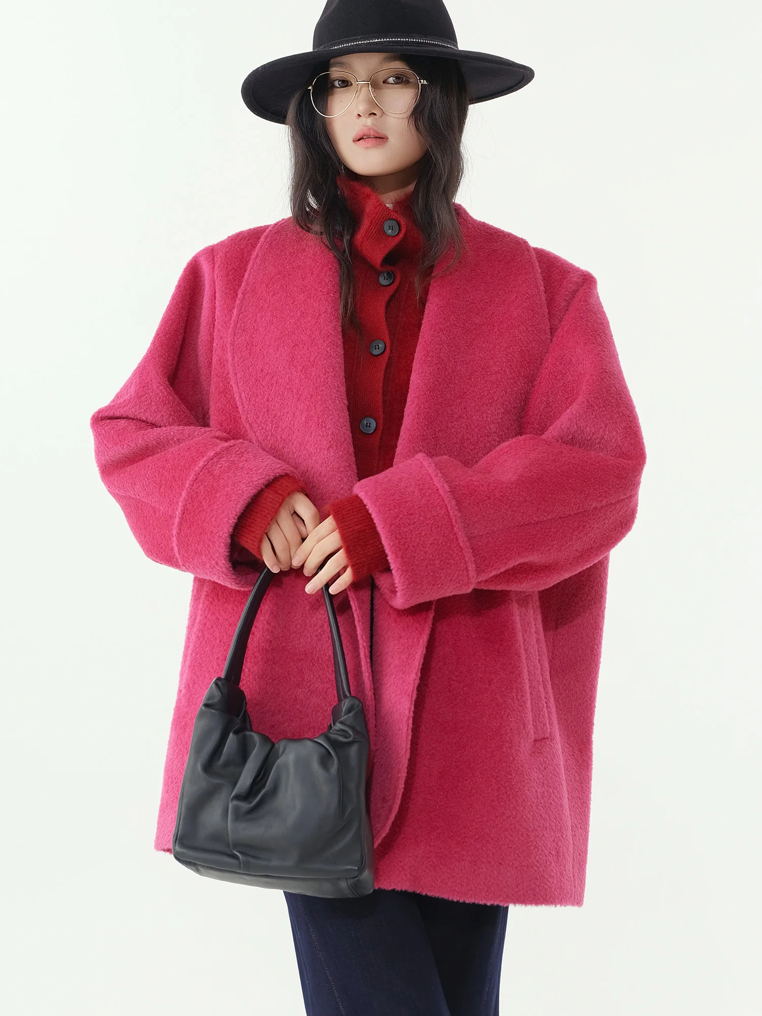 

Ретро-пальто укороченного кроя для весны и зимы, из верблюжьей шерсти и шерсти альпаки, с отделкой из меха, широкими плечами и большим воротником