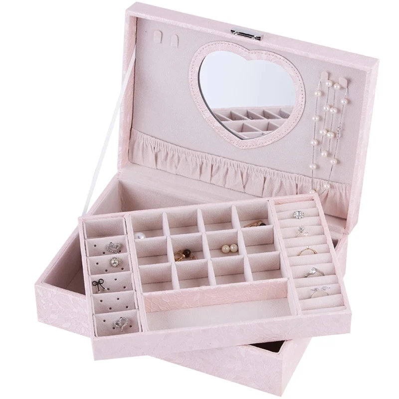 Sweet Princess-style Jewelry Storage Box Big-capacity Double-layered Ring Earrings Organizer Light Luxury Pure Color Jewelry Box