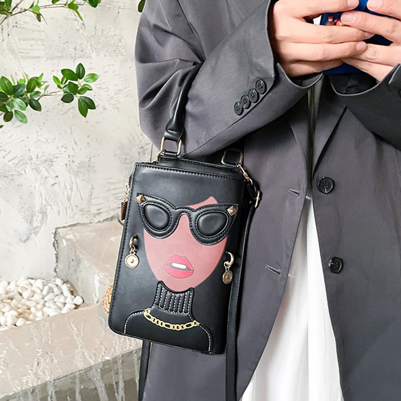 Fashion Women\'s PU Leather Chest Sling Bag Creative Spoof Fun Sunglasses Beauties Shoulder Bag Crossbody Bag Purses and Handbags