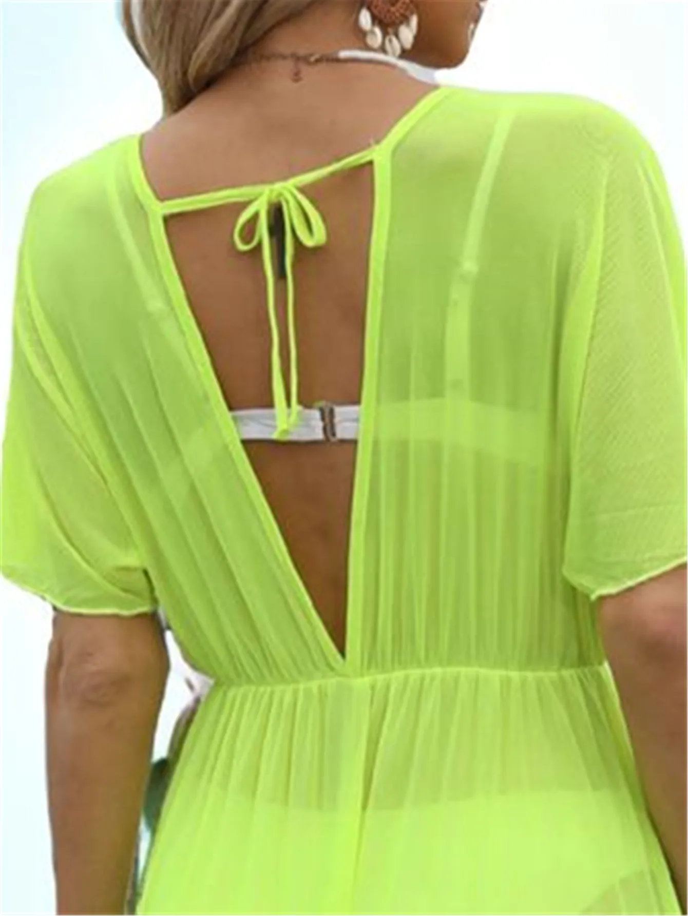 Supper ยาว Beachwear นีออนสีเขียวชุดหรูหราแยก Beach Cover Up สตรีลึก V กลับ Sundress ชุดว่ายน้ํา Cover Up Bathr