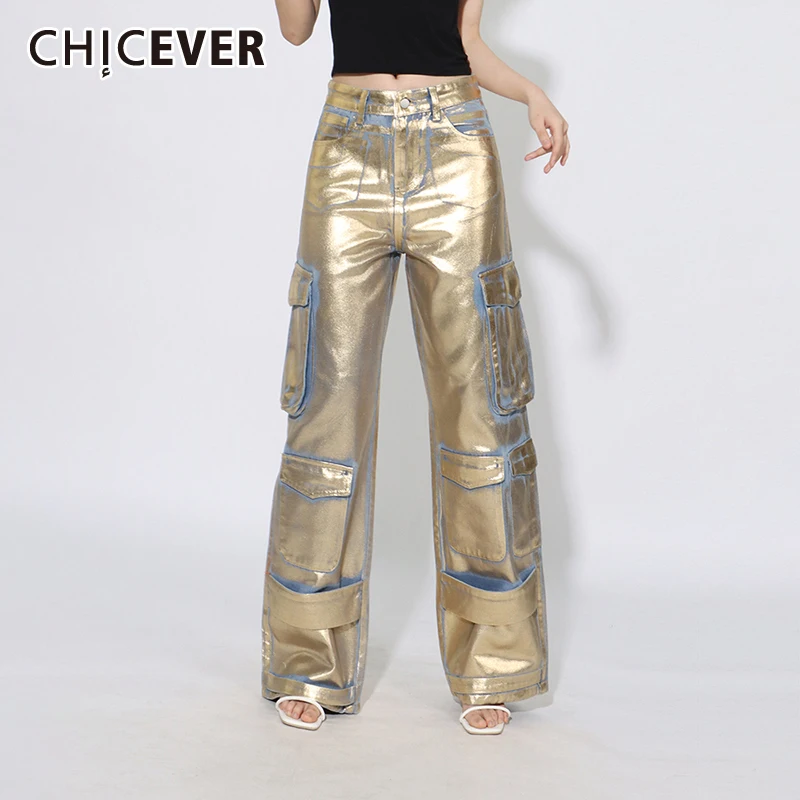 

CHICEVER Hit Color Denim Pants For Women High Waist Patchwork Pockets Loose Streetwear Spring Cargo Pants Female Spring 2024 New