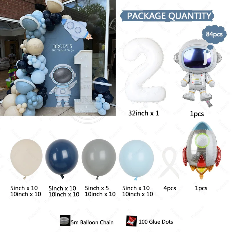 84pcs Outer Space Rocket Astronaut Theme With White Number 1-9th Kids Birthday Party Decoration Supplies Baby Shower Globos