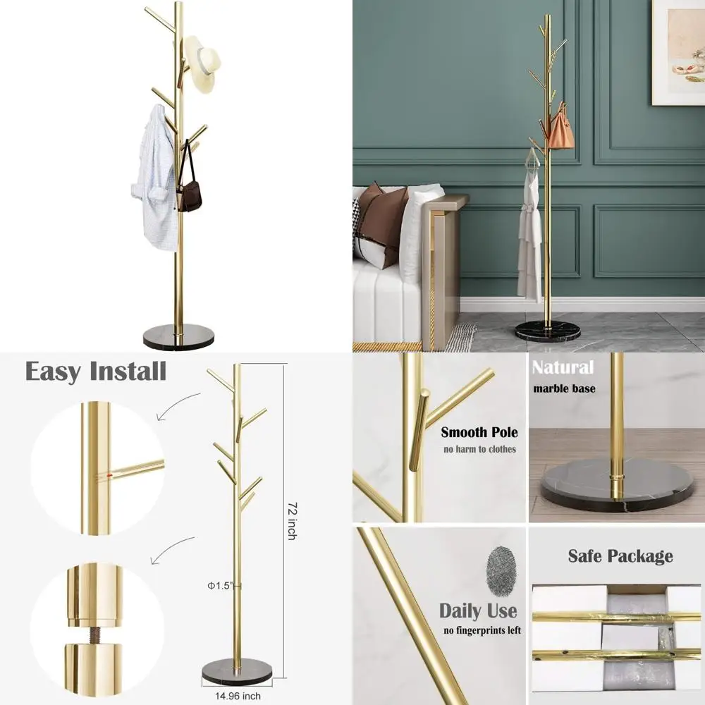 

Golden Satin Steel Metal Coat Rack with Stable Marble Base, High-Grade Hooks for Hats and Coats, Durable Tree-Shaped Hanger Stan