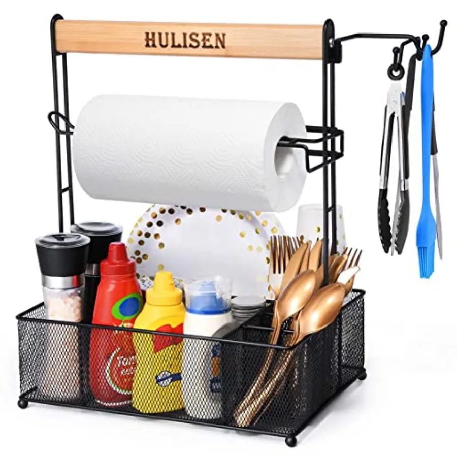 

Grill Caddy for Outdoor Grill BBQ Caddy with Paper Towel Holder for Plates Silverware Utensils - Picnic and Barbeque and Campin