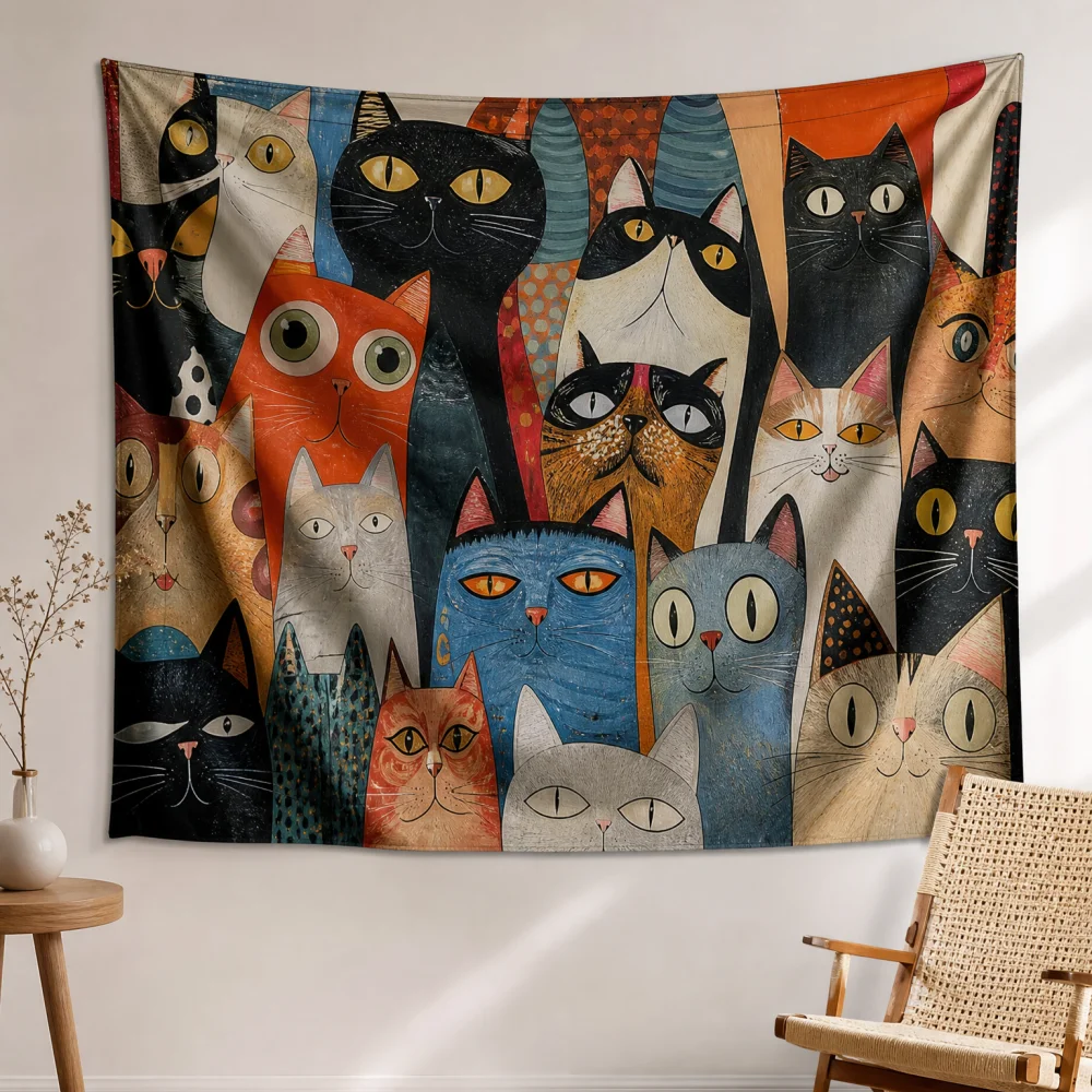 Retro Color Contrast Geometric Cat 150X100CM Customizable Printed Tapestry Living Room Children's Fun Art Wall Background Cloth