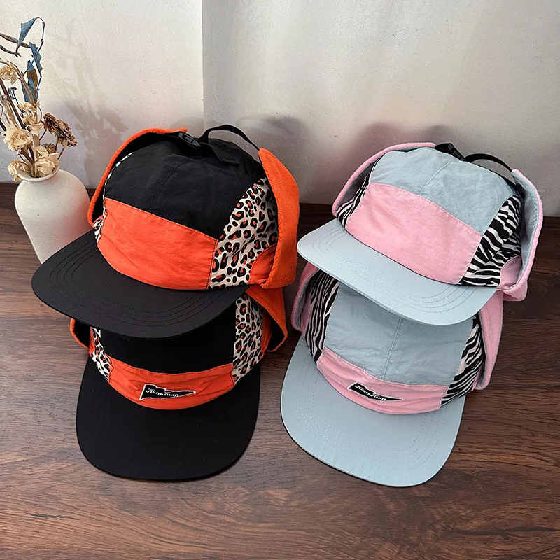 New Color Blocked Leopard Print Embroidered Quick Drying Velvet Baseball Cap Winter Outdoor Cycling Ear Protection Bomber Hats