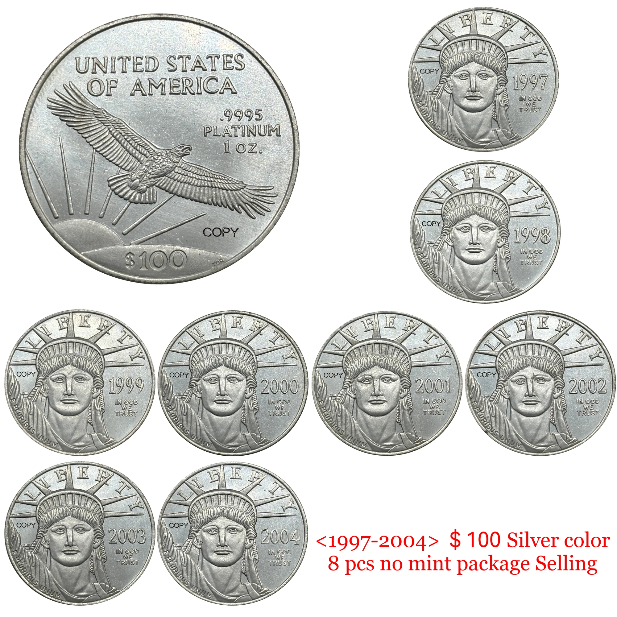 United States 1997-2004 Liberty 100 Dollars American Platinum Eagle Silver Plated US Copy Commemorative Moneda Collectible Coins