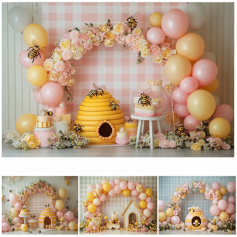 

LS Photography Background Honey Comb and Bee Sunflower Kids Birthday Party Cake Smash Portrait Decor Backdrop Photo Studio