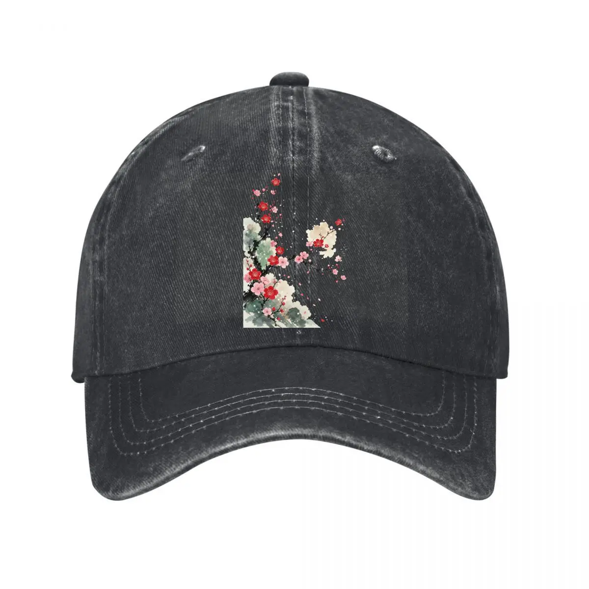 Plum Blossom Ink Floral Branch Art Washed Baseball Cap Hip Hop Sun Hats