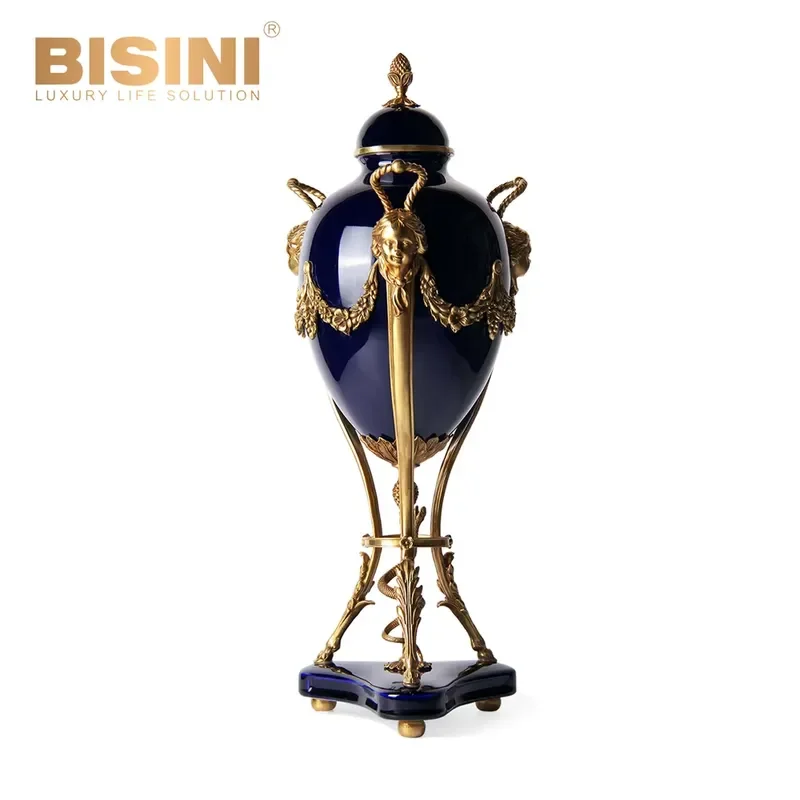 Classical European Style Black Porcelain and Copper Three-Legged Lidded Urn & Jar Decorative Tripedal Covered Jar