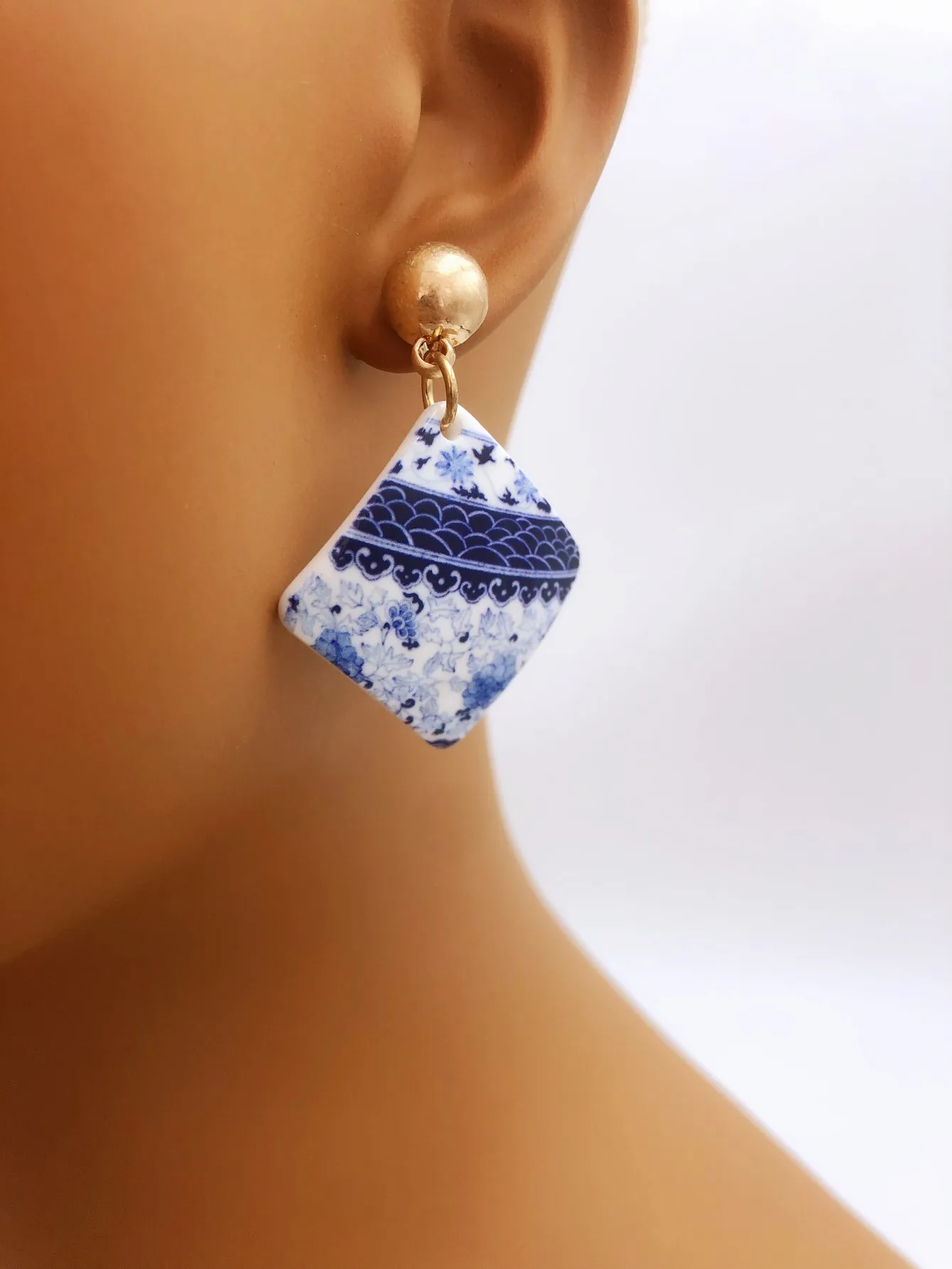 Unique Blue and White Porcelain Acrylic Geometric Earrings for Ladies earrings for women