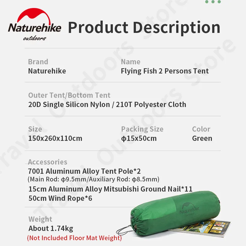 Naturehike يطير الأسماك في الهواء الطلق المحمولة خفيفة خيمة مقاوم للماء PU2000mm سميكة القطب 2 أشخاص خيمة 20D التخييم مساحة كبيرة