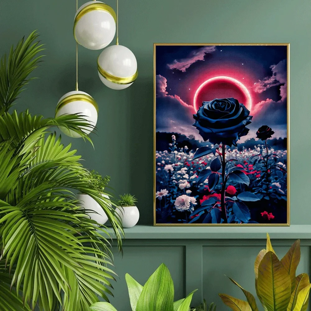 จิ๊กซอว์ 1000 ชิ้น - ท้องฟ้ายามค่ำคืนกุหลาบดำและพระจันทร์สีเลือด, ของเล่นจิ๊กซอว์กระดาษขนาดใหญ่สำหรับผู้ใหญ่, เกมเสริมสร้างความสัมพันธ์ในครอบครัว, เกมฝึกสมอง