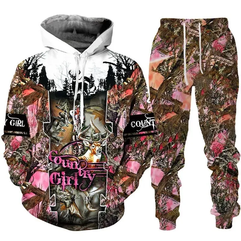 Country Men Deer Hunting Sweatshirt 3D Print Tracksuit Set Men\'s Hoodie Pants 2pcs Set Fashion Camo Streetwear Pullover Clothes