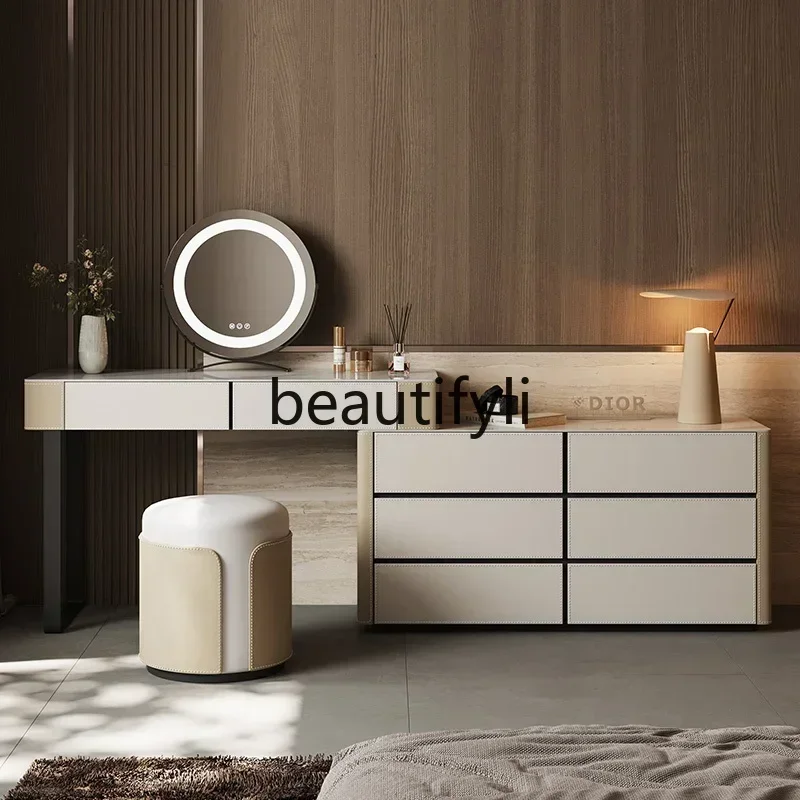 

YH5 Saddle leather solid wood rock slab dresser bedroom modern simple bedside table TV cabinet desk makeup table integrated