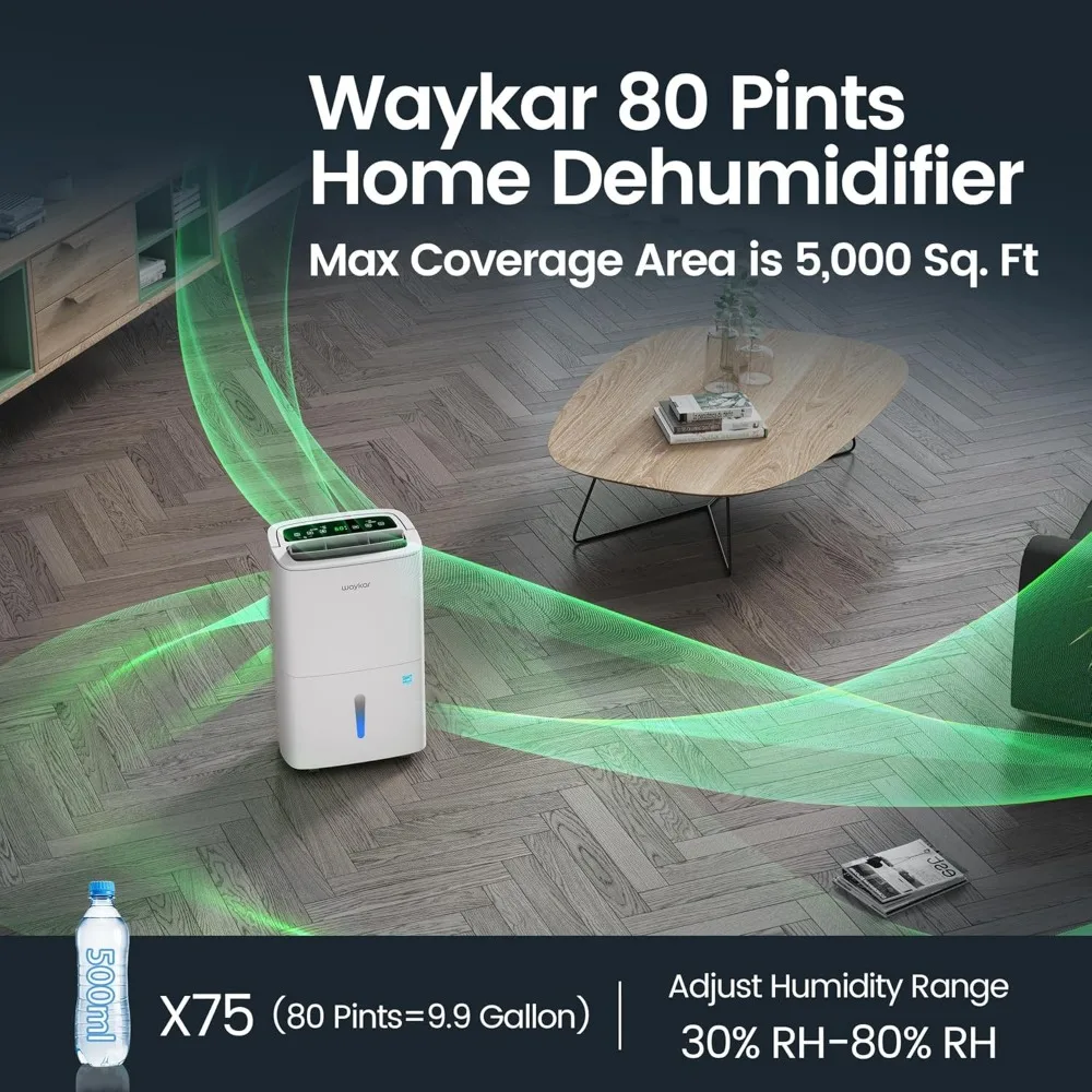 Waykar 80 Pints Energy Star Home Dehumidifier للمساحات حتى 5000 قدم مربع. قدم في المنزل، في الطابق السفلي والغرف الكبيرة مع خرطوم الصرف