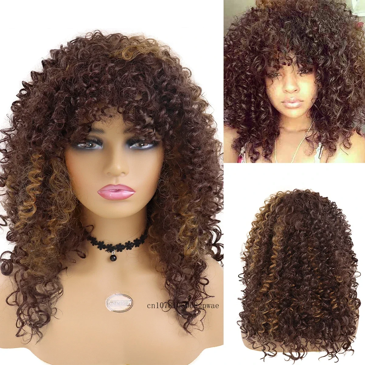 Synthetische dames medium afro krullende pruiken blond mix bruin pruik met pony pluizig Afrikaans kapsel pruik voor vrouwen dagelijks cosplay