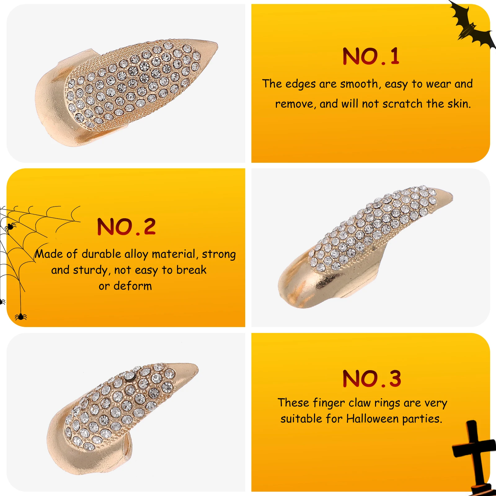 10 pezzi di anelli in metallo per unghie, artigli per dita di Halloween, anelli con strass, manicure, lega con punta delle dita