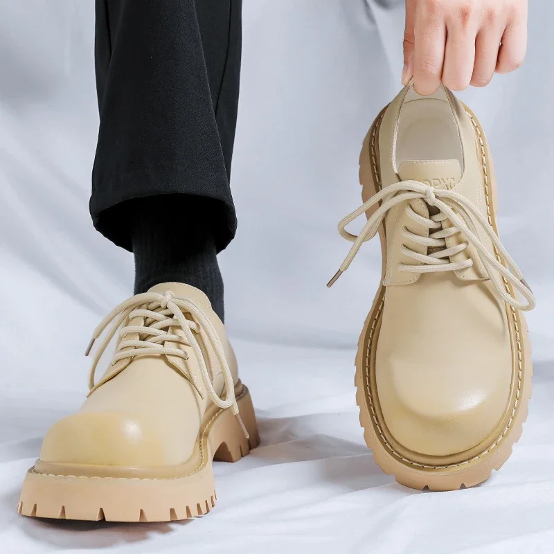 Brand Men\'s Lace Up Oxford Shoes Thick Sole Business Wedding Shoes Round Toe Green Sole Platform British Outdoor Casual Shoes