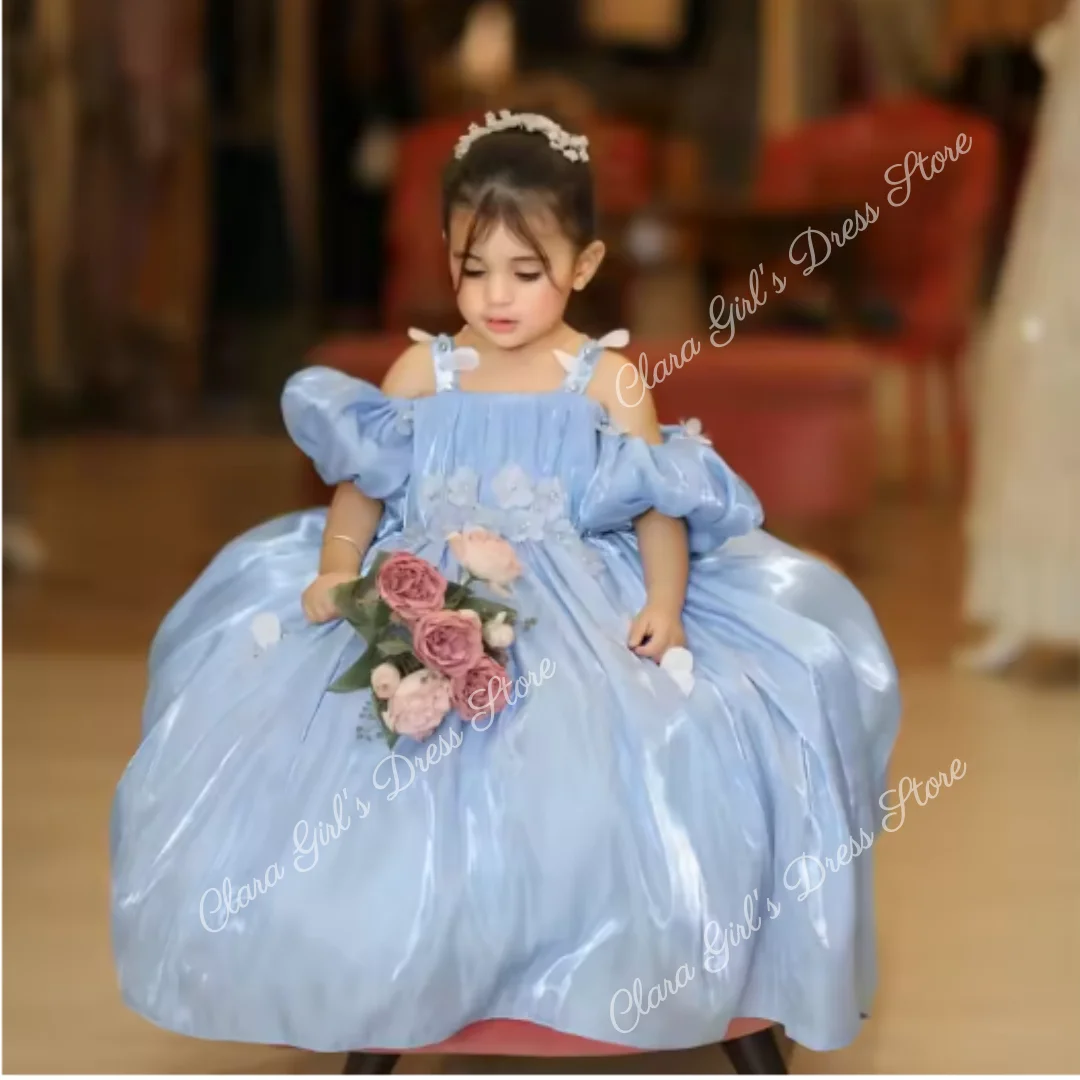 Light Blue Shiny Satin Girl's Flower Dress Off-Shoulder Birthday Party Dress Celebrity Evening Gown Custom Made