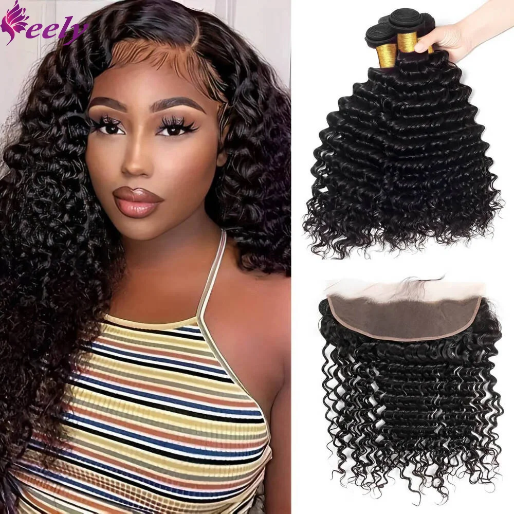 Deep Wave Curly Human Hair Bundles With 13x4 HD Lace Frontal Brazilian Hair Extension Weave 3 Bundles With Closure Natural Black