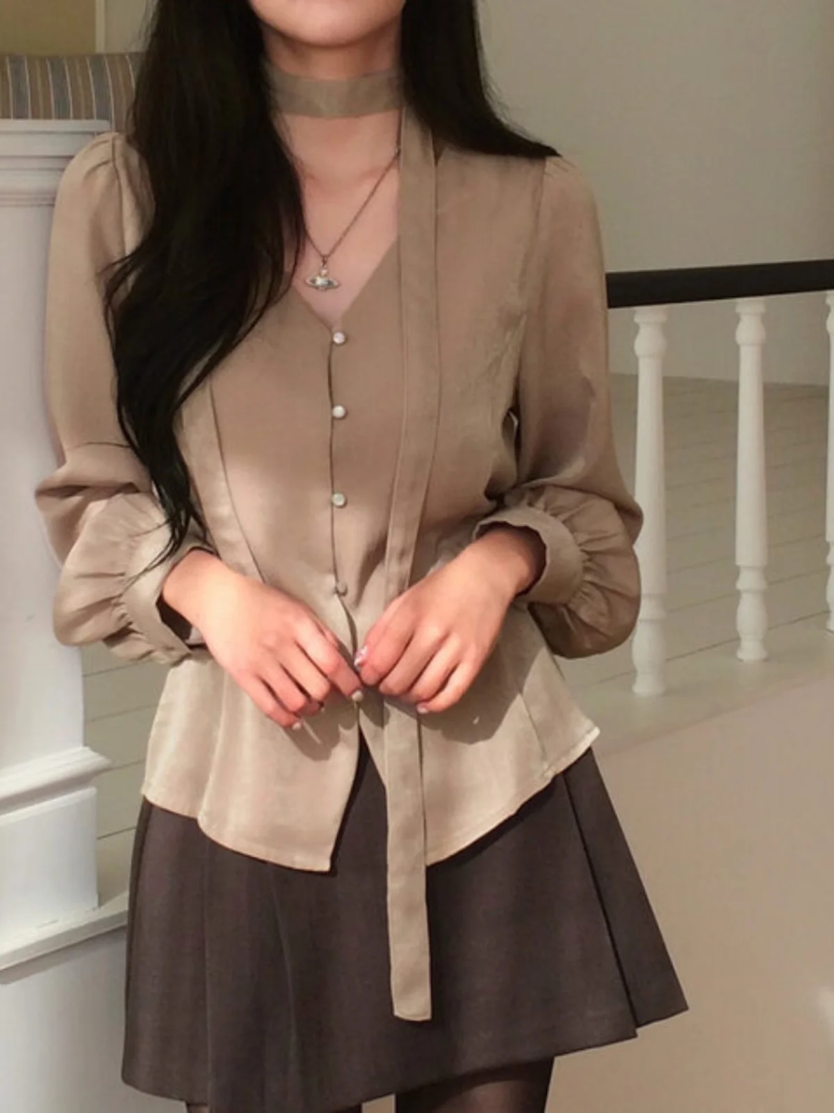 

Women's Necktie Shirt Slim Fit V-Neck Long Sleeve Business Casual Style Polyester Fiber Gown for Early Spring