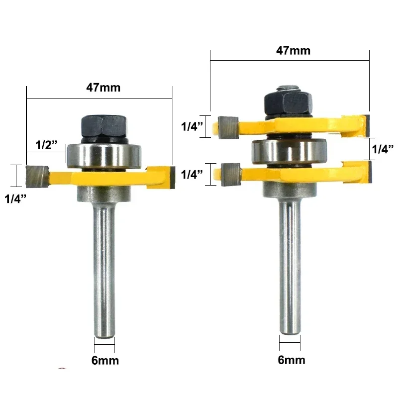 6mm Tongue Groove Router Bit Set 3/4" Stock 3 Teeth T-shape Milling Cutter Flooring Tool for Wood Woodworking