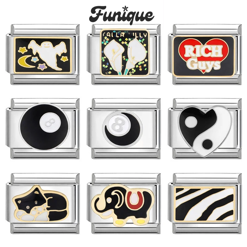 FUNIQUE Fashion Billiards Zebra Elephant Cat Italian Charm Links Fit 9mm Bracelet Stainless Steel DIY Jewelry Making Wholesale