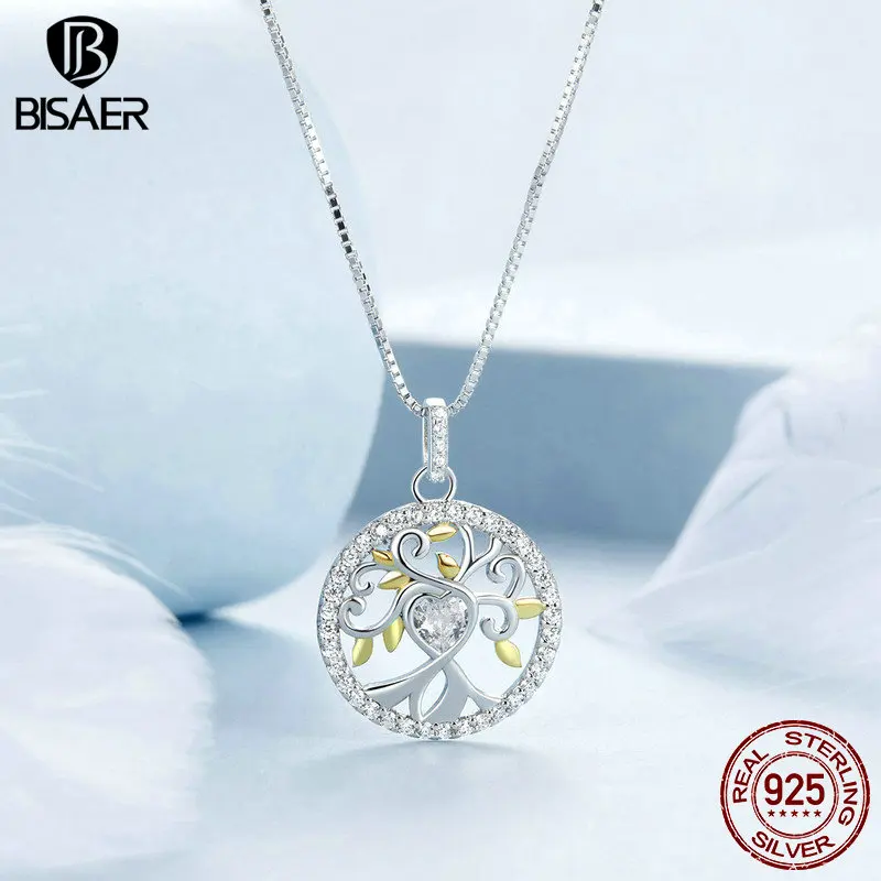 BISAER 925 Sterling Silver Tree of Life Pendant Necklace Heart Zircon Adjustable Chain Plated Platinum for Woman Fine Jewelry