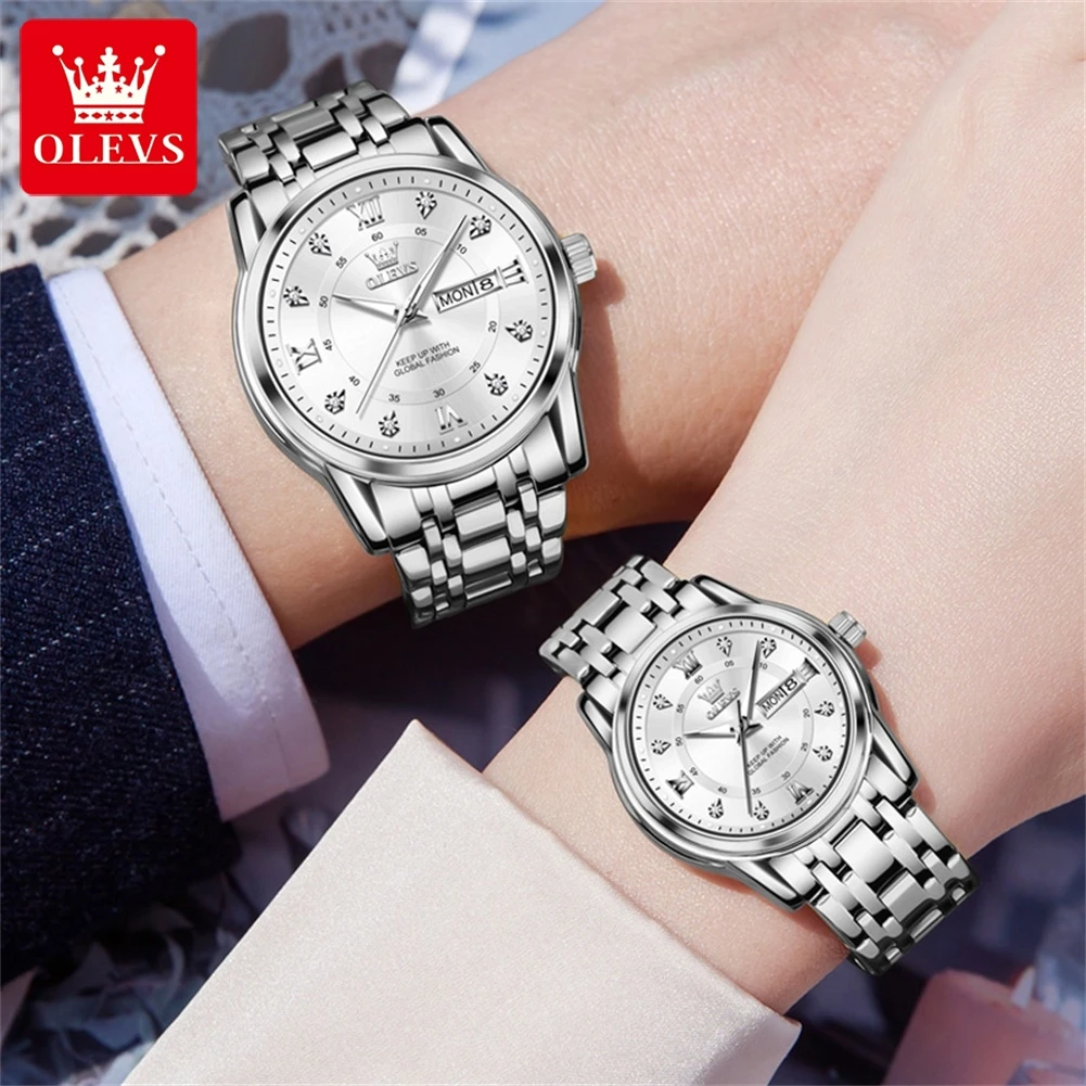 OLEVS 5513 Couple Watch Set Men and Women Silver Stainless Steel Waterproof Lovers Quartz Wristwatch Luxury Brand Original Clock