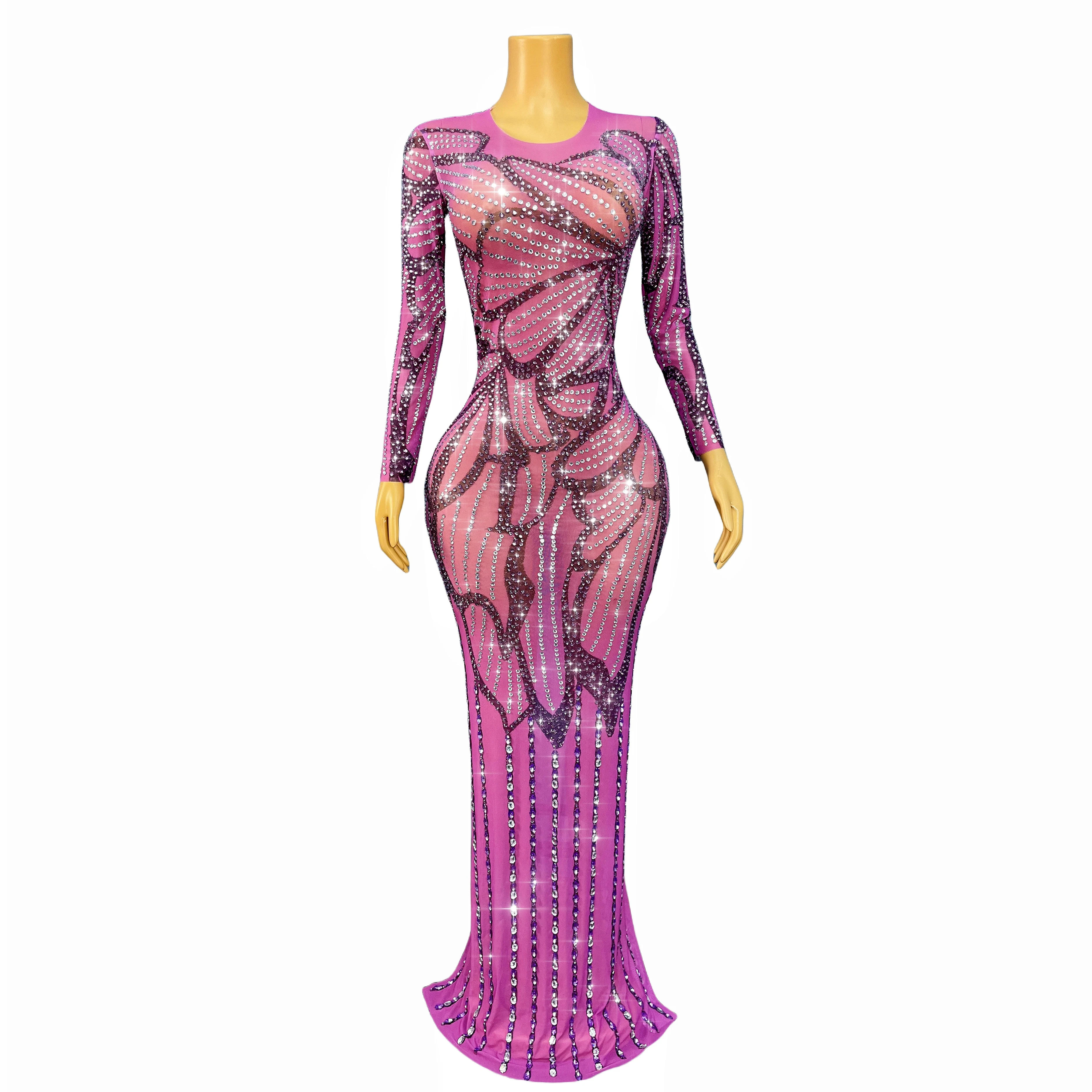 

High Quality Handmade Blingbling Rhinestones Cultivation Long sleeves Dress Evening Party Gown Red carpet Show Outfit Ziban