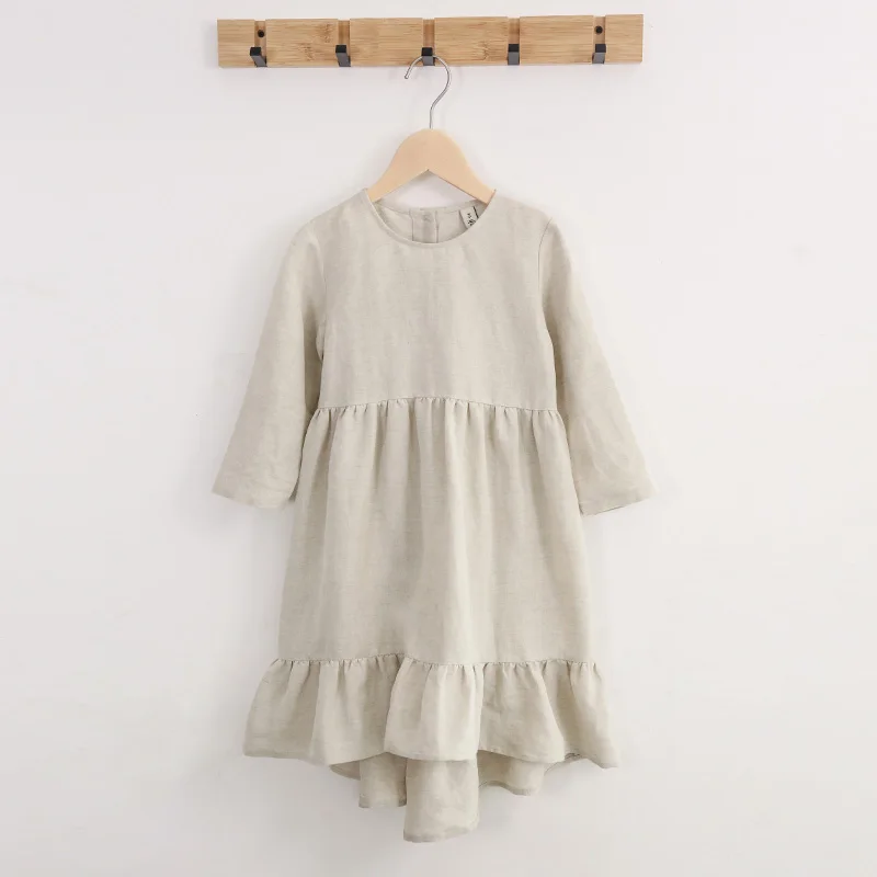 Girls\' Cotton And Linen Princess Dress 2024 Autumn New Children O-neck Long-Sleeve Ruffle Linen Dresses Baby Kids Clothing TZ64