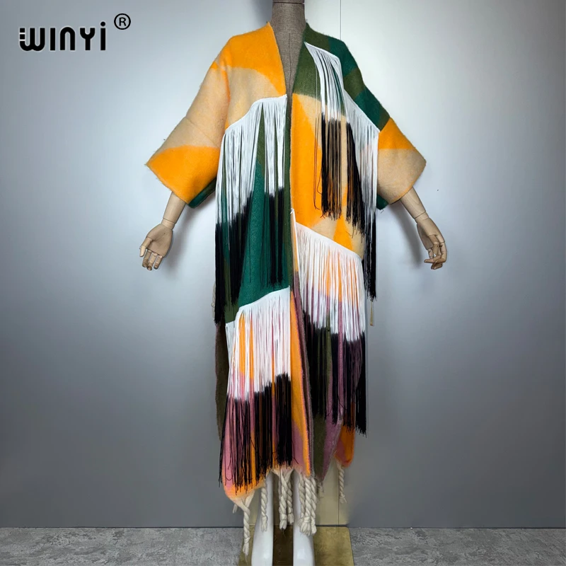 

WINYI зимний длинный пуховый кардиган с кисточками-пончо с открытой передней частью пальто толстое теплое женское пальто для женщин зимний африканский кафтан