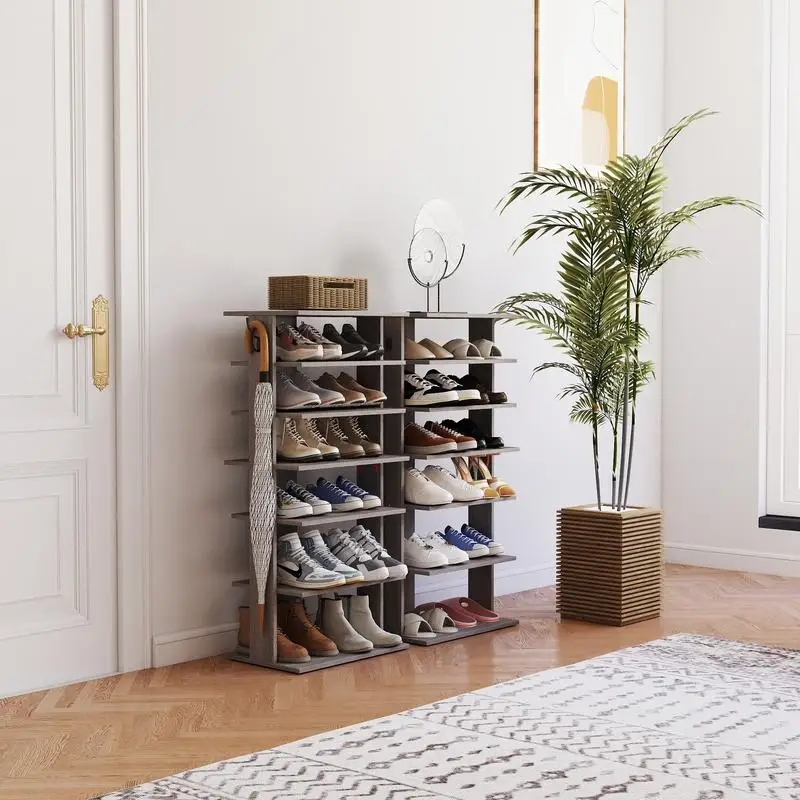 Organizador de armazenamento de sapatos de 7 camadas com ganchos, torre de sapatos vertical para 12-14 pares, organizador de entrada que economiza espaço em cinza rústico,