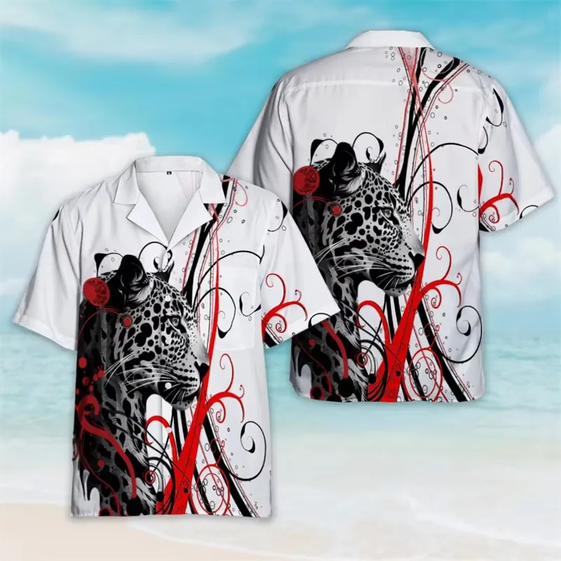 Tropical Habitat Leopard Graphic Shirts for Men Clothes Fashion Cat Animal Beach Shirt Hawaiian Button Clothing Lapel Blouses