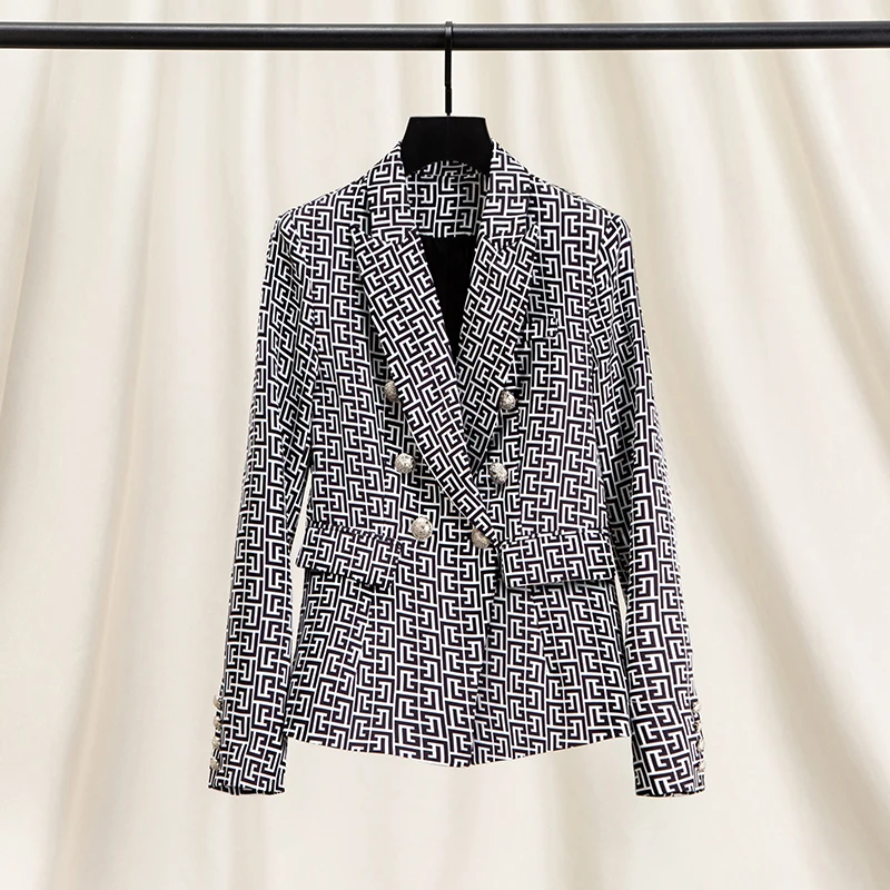 

Весенне-осенний женский клетчатый пиджак с подплечниками, длинными рукавами, двубортный, приталенный, винтажный, с узором, верхняя одежда