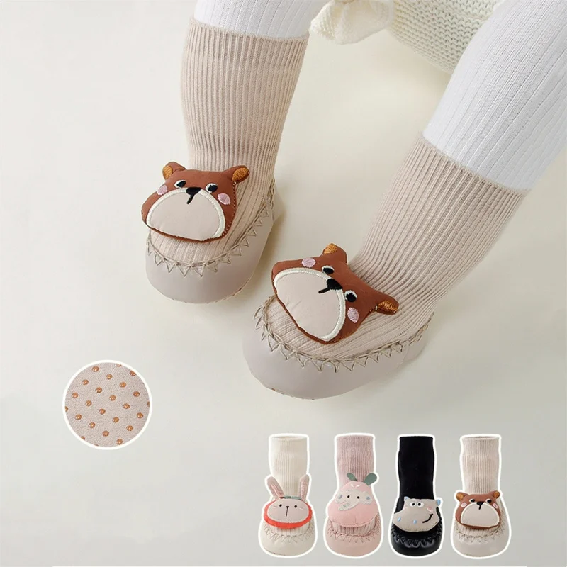 

Baby Non Slip Leather Soles Sock Shoes Newborn Infant Girls Boys Spring Autumn Cotton Animal Long Floor Socks First Walker Shoes