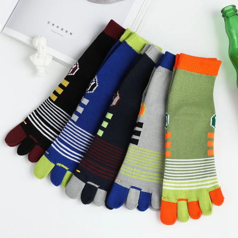 5 Pairs Man Sport Toe Socks Thick Cotton Colorful Five Finger Sock Japanese Style Fashion Striped Crew Socks with Toes EU39-45