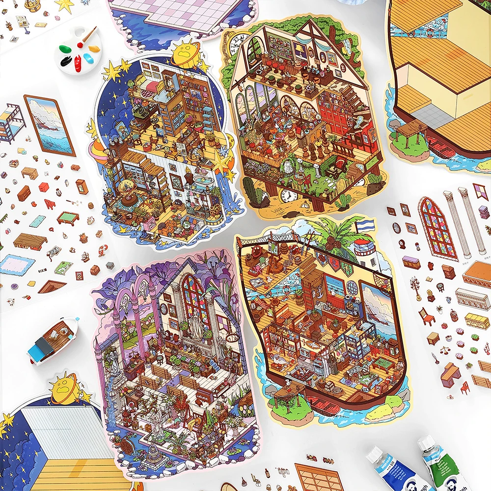 Kawaii 3D Little Corner Van Gogh Studio Landscape Sticker DIY  Pocket Cabin  Scene Halloween Children's Toys gifts
