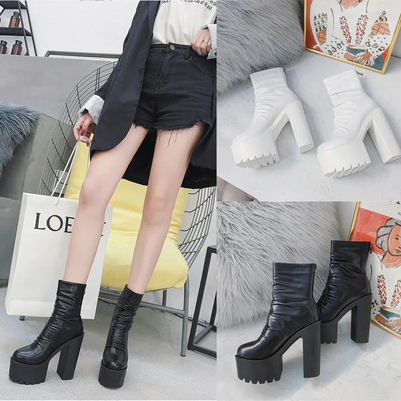 New Autumn Winter Platform Boots High Heels Back Zipper Black White Short Boots For Women Waterproof Gothic Shoes