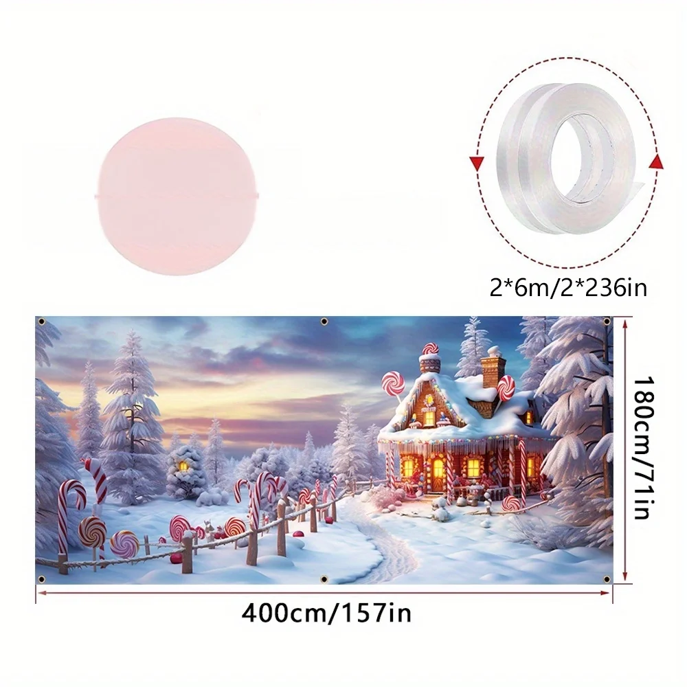 Banner de puerta 2D, 1 unidad, pancarta de poliéster para puerta de garaje del país de las maravillas de invierno, escena de nieve con bastón de caramelo y casa de pan de jengibre, duradera