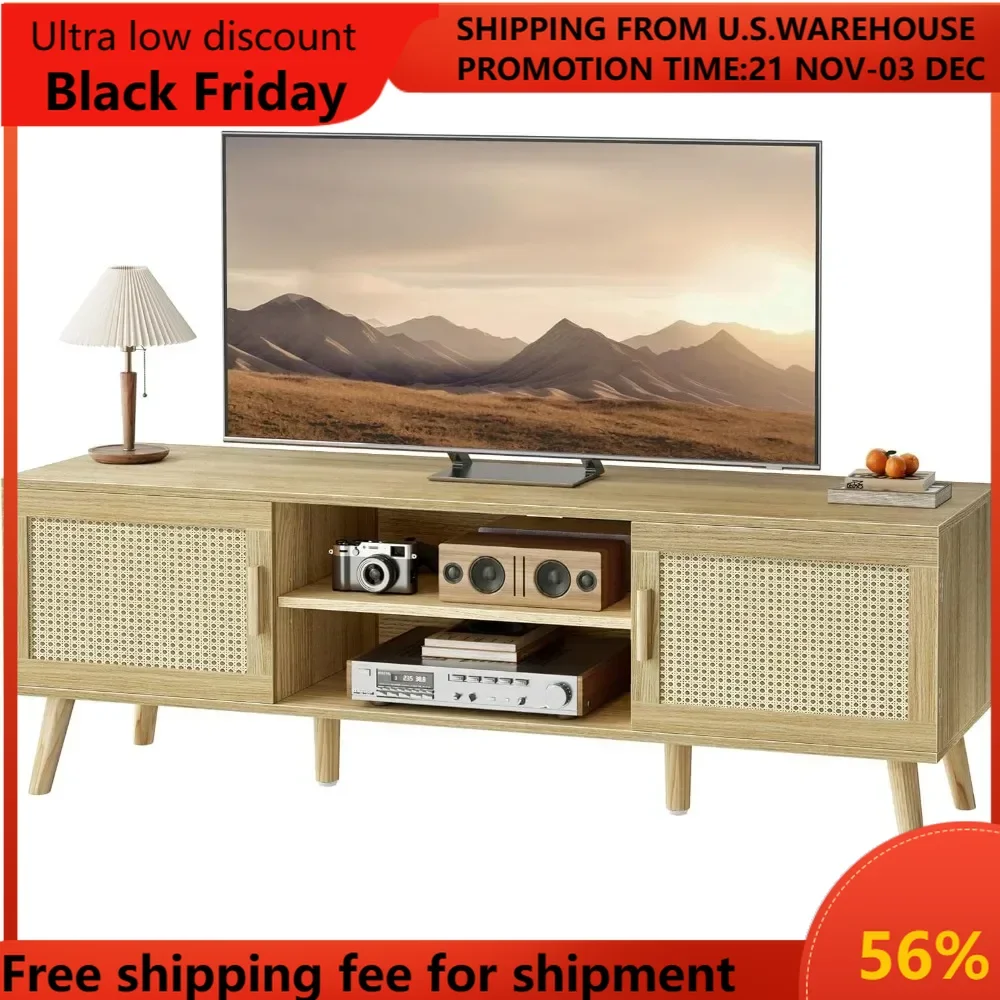 

Boho TV Stand for 55 Inch TV, Entertainment Center with Adjustable Shelf, Rattan TV Console with 2 Cabinets