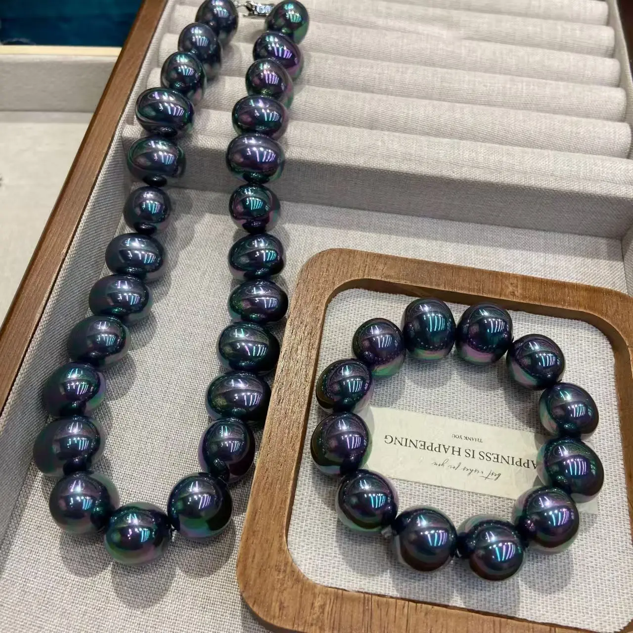 New Egg Shaped 19M Large Particles Black Shell Bead Necklace Bracelet Two-Piece Set Fashion Women Jewelry Set High-Quality