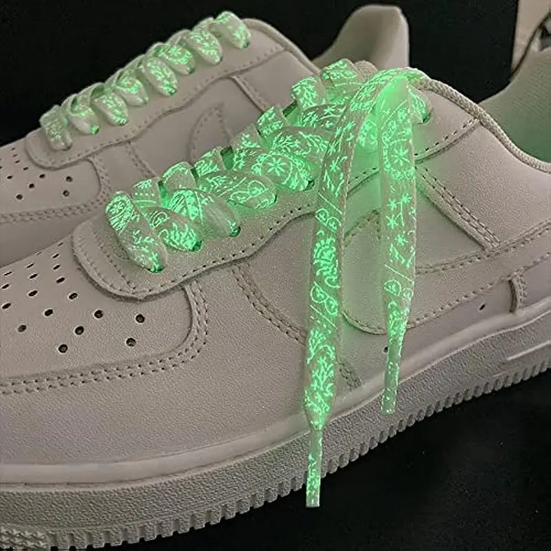 Fluorescent Shoelaces Glow in the Dark Cashew Flower Pattern Gradient Wide Flat Shoe laces for Sneakers Boot Strings Shoelace